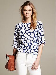 Geo Crepe Top - Shirts I like the cut of this shirt and fun pattern. Also like that I can wear it both for work and casual. Chic Crew Neck Blouse For Day Out, Chic Crew Neck Spring Blouse, Chic Crew Neck Blouse For Spring, White Blouse With Cuffed Sleeves For Fall, Casual White Blouse With Cuffed Sleeves, White Fall Blouse With Cuffed Sleeves, Fall White Blouse With Cuffed Sleeves, Trendy Tops With Cuffed Sleeves For Work, Trendy Workwear Tops With Cuffed Sleeves