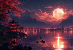 the full moon is setting over a lake with pagodas and trees in front of it