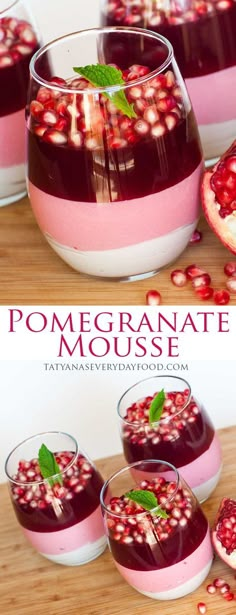 pomegranate mousse in small glasses with mint garnishes