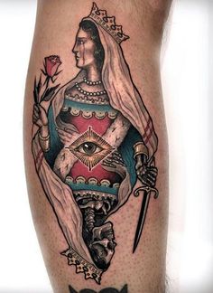 Queen Playing Card Tattoo, Playing Card Tattoo, Queen Playing Card, Medieval Tattoo, Lighthouse Tattoo, Tattoo Old School, Queen Tattoo, Traditional Tattoo Sleeve