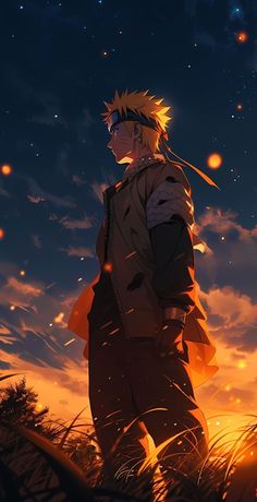 an anime character standing in front of a sunset