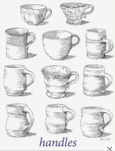 coffee cups and mugs are drawn in pencil