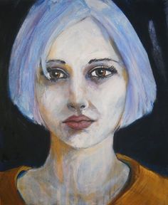 a painting of a woman with blue hair and orange shirt, looking at the camera