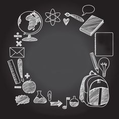 the back to school chalkboard is drawn on a blackboard and it has various items in