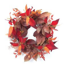 a wreath with red and orange leaves on it