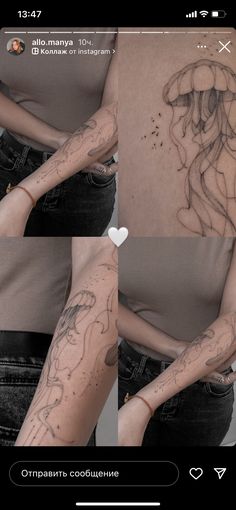 two pictures of a woman's back with tattoos on her left arm and right arm