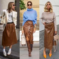 | Brown Leather Skirt 🤎 1, 2 or 3 ?? | Instagram Midi Brown Leather Skirt Outfit, Caramel Leather Skirt Outfit, Style Leather Midi Skirt, Brown Faux Leather Midi Skirt, Brown Leather Pencil Skirt Outfit, Brown Leather Midi Skirt, How To Style Brown Leather Skirt, Brown Leather Midi Skirt Outfit