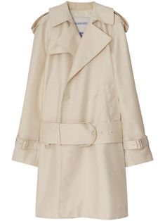 light beige silk blend gabardine weave notched collar epaulettes storm flap double-breasted button fastening detachable waist belt long sleeves belted cuffs straight hem knee-length Short Trench Coat, Burberry Outfit, Beige Silk, Notched Collar, Outerwear Coats, Outerwear Women, Light Beige, Waist Belt, Double Breasted