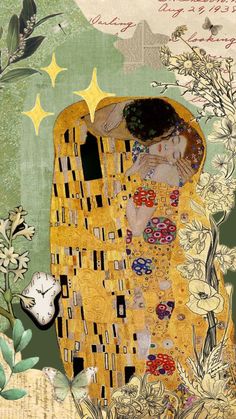 an artistic painting of a woman hugging a man's face with flowers and stars in the background