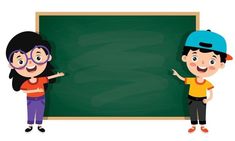 two kids standing in front of a blackboard with glasses on their head and pointing at it