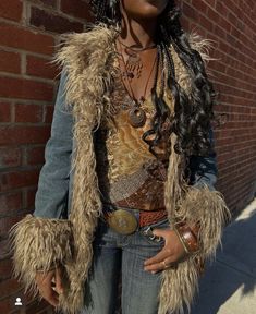 70s Fashion Fur Coat, Fur Cardigan Outfit Y2k, Denim Penny Lane Coat, Y2k Vest Outfit, 70s Vest Outfits, Fur Vest Outfit, Trend Prediction, Real Y2k, 70s Inspired Fashion