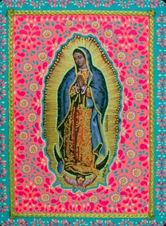 an image of the virgin mary on a blue and pink background with gold trimmings