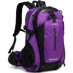 a purple backpack with black straps on it