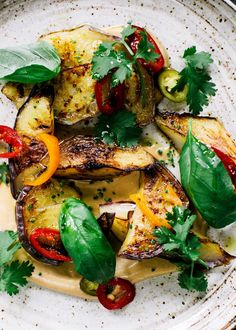 a white plate topped with grilled eggplant, peppers and green garnish