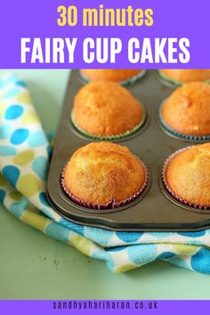 muffins in a pan on top of a blue and white towel