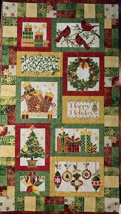 a quilted christmas themed wall hanging with holiday decorations and birds on it, surrounded by holly wreaths