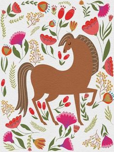 a brown horse surrounded by colorful flowers and leaves on a white background with the words, happy