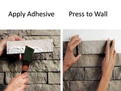 two pictures showing how to install a brick wall