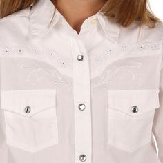 Wrangler Apparel Girls White Long Sleeve Western Shirt GW7001W Get a classic western look for your little cowgirl in our white western long sleeve shirt from Wrangler Apparel. White Western Button-up Top, White Western T-shirt For Rodeo, Embroidered Button-up Western Tops, Western Button-up Tops For Rodeo, Western-themed Cotton Shirt With Button Closure, Western Look, Purple Paint, Pink Ruffle, Girls Jacket