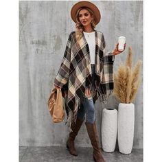 Questions? Leave A Comment Below! Brown Poncho Outfit, Shawl Outfit Fall, Shawl Outfits, Sweater For Ladies, Shawl Outfit, Knitted Wrap, Brown Shawl, Ruana Wrap, Cape Tops