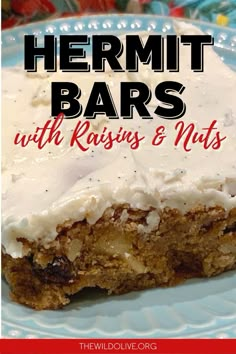 a close up of a piece of cake on a plate with the words, hermi bars with raisins and nuts