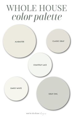 white paint colors with the words whole house color palette in different shades and sizes on them