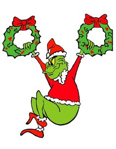 an image of a cartoon character with christmas wreaths on his feet and hands in the air