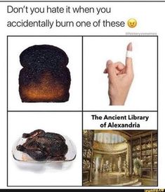 the ancient library of alexandria and what it looks like with text that reads, don't you hate it when you accidentally burn one of these