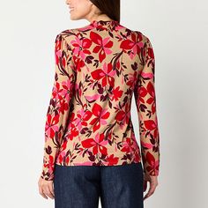 This Liz Claiborne women's top features a bold floral pattern against a soft neutral background. It's made from soft jersey for a regular-fit with a mock neck and long fitted sleeves. Wear it with pants and heels or tuck it into a pencil skirt for a dressy look. Closure Type: Pullover HeadFit: Regular FitNeckline: Mock NeckSleeve Length: Long SleeveSleeve Style: Fitted SleeveApparel Length: 27 InchesFiber Content: 95% Rayon, 5% SpandexFabric Description: JerseyCare: Machine Wash, Tumble DryCoun… Stretch Floral Print Tops For Work, Floral Print Stretch Tops For Work, Beige Floral Print Tops For Fall, Fall Floral Print Beige Tops, Fitted Beige Floral Print Top, Versatile Floral Print Spring Tops, Versatile Long Sleeve Top With Floral Print, Fitted Floral Print Tops For Work, Neutral Background