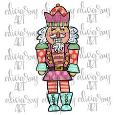 a digital image of a nutcracker in pink and green striped pants with a crown on