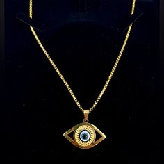 Nwot Evil Blue Eye Necklace. Never Fade Stainless Steel. Chain 19.69”. Pendant 1.38”X0.9”. Blue Jewelry With Chain And Round Pendant, Blue Round Pendant Jewelry With Chain, Blue Round Pendant Chain Jewelry, Blue Jewelry With Round Pendant Chain, Elegant Blue Necklace With Gold Chain, Blue Gold-plated Charm Necklace With Adjustable Chain, Blue Gold-plated Chain Necklace As Gift, Blue Gold Plated Chain Necklace As Gift, Blue Metal Charm Necklace With Adjustable Chain