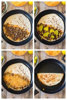 four pictures showing how to make an enchilada in a skillet with cheese and other ingredients