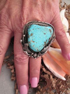 "Gorgeous Color, gorgeous design....this lovely solid sterling silver and genuine Fox Turquoise ring was Navajo handcrafted. This is certainly a unisex ring, either men or women can rock this! This stone is high grade Fox turquoise from the 1970's, and we were fortunate enough to find this wonderful old Navajo silversmith to make some items for us. His hallmark is a star with an H, he is in his late 80's, and he was overjoyed that we wanted him to make this ring and some others for us (plus some Southwestern Large Stone Jewelry For Anniversary, Untreated Southwestern Style Ring Jewelry, Southwestern Turquoise Jewelry For Anniversary, Southwestern Style Large Turquoise Ring For Anniversary, Southwestern Style Large Stone Turquoise Ring For Anniversary, Southwestern Silver Turquoise Ring For Jewelry Making, Bohemian Turquoise Ring With Large Stone For Anniversary, Western Style Turquoise Ring Stamped 925, Untreated Southwestern Turquoise Ring For Anniversary