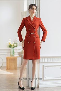 Orange Long Sleeve Midi Dress, Elegant Orange V-neck Dress, Elegant Winter Business Midi Dress, Dressy Long Sleeve Blazer Dress For Semi-formal Occasions, Semi-formal Collared Dresses For Fall, Collared Semi-formal Dress For Fall, Elegant Collared Blazer Dress For Fall, Orange Formal Dress For Spring, Elegant Semi-formal Dress With Lapel Collar