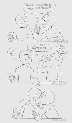 the comic strip shows two people talking to each other and one is holding a drink