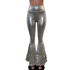 "*We are currently running a few days behind with orders. Thank you for your understanding and patience. **Due to SO MANY issues with USPS - we STRONGLY ENCOURAGE you to purchase the UPS Upgrade with your order located here: https://www.etsy.com/listing/926751536/ups-upgrade Made of shiny silver metallic spandex - these high-waisted bell bottoms will fit you perfectly. They hug your hips and flare out at the feet. The standard inseam is 34\" (the mannequin is 5'8\") but can be customized by putt High Waist Pants For Spring Concerts, Stretch Bottoms For Spring Concert, Spring Stretch Bottoms For Concert, Spring Concert Fitted Pants, Fitted Pants For Spring Concert, Stretch High Waist Pants For Concert, High Waist Stretch Pants For Concert, High Waist 90s Stretch Pants, 90s Style Stretch High Waist Bottoms