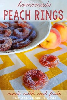 homemade peach rings on a yellow and white tablecloth