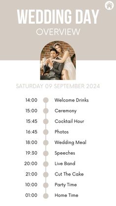 the wedding day schedule is shown in grey and white with an image of a bride and groom