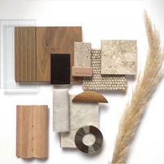 an assortment of wood and tile samples arranged on top of each other in various shapes