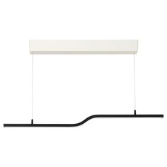 a long black and white light hanging from a ceiling over a counter top with two lights on each side