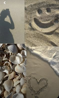 there are three different pictures with shells in the sand and one has a smiley face drawn on it