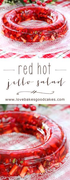 red hot jello salad with strawberries in it on a glass platter and the title overlay reads, red hot jello salad