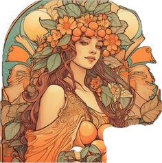 a woman with flowers on her head and oranges in her hair, surrounded by leaves