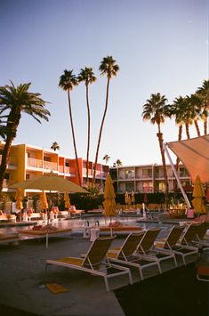 lounge chairs and umbrellas are lined up in front of an apartment building with palm trees