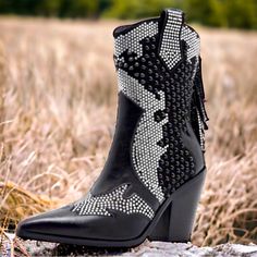 These Rhinestone Cowboy Boots For Women Are Designed With Embroidered And Stitching, Pointed Toe, Rivet, Flat With Chunky Heel, Anti-Skid Rubber Sole. Pull-On Cowboy Boots With Side Zipper Design, Easy To Put On And Take Off. Height Of Heel 9.5cm/ 3.74 In. The High Heel Height Is Easy To Match. These Women's Ankle Boots & Booties Are Worn By Comfort/ Breathable/ Warm. Western Boots With Rhinestone Fringe For Fall, Western Rhinestone Fringe Boots For Fall, Western Party Boots With Fringe, Winter Boots With Rhinestone Fringe, Western Boots With Rhinestone Fringe And Round Toe, Leather Party Boots With Rhinestone Fringe, Party Leather Boots With Rhinestone Fringe, Embellished Festival Boots For Fall, Black Western Boots With Rhinestone Rivets