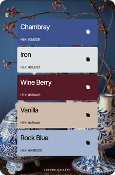 the color scheme for wine berry is shown in blue and white vases with flowers on them