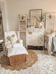 a living room filled with lots of furniture and decor on top of a carpeted floor