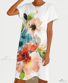 Elluis - Relaxed Fit Printed Round Neck Short Sleeve Shirt Dress for Casual Elegance Short Sleeve Shirt Dress, Mermaid Evening Gown, Basic Skirt, Short Sleeve Dress Shirt, Casual Elegance, Types Of Skirts, Cinched Waist, Mandarin Collar, A Line Skirt