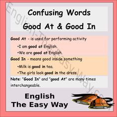 an english poster with the words confusing words good at and good in