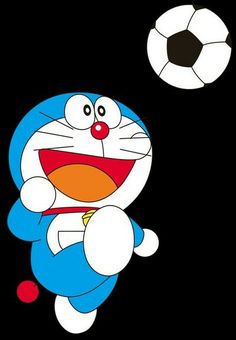 a cartoon character kicking a soccer ball in the air with it's mouth open